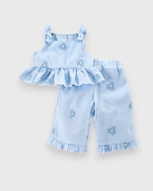 2 Pc Baby Girl Stripe Floral Emb Peplum Wide Leg Set