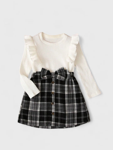 2 Pc Ribbed Shirt with Plaid Skirt