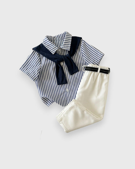 3 Pc Baby Boy Stripe Shirt w/ Shawl Scarf & Pants Set