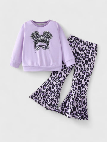 2 Pcs Girl Leopard Sweat Shirt and Bell Bottoms