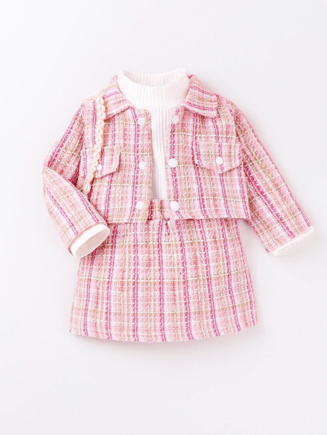 3 Pcs Baby Girl Tweed, Shirt, Skirt & Crop Jacket Set