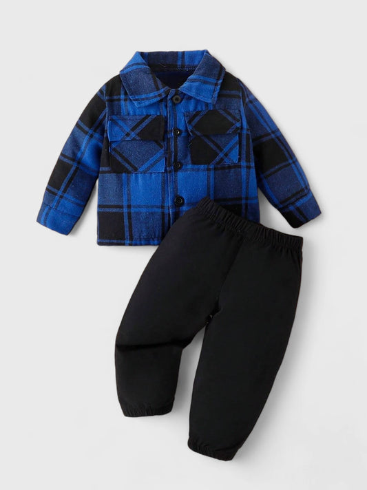 2 Pc Baby Boy Button up Plaid Shirt with Pant Set