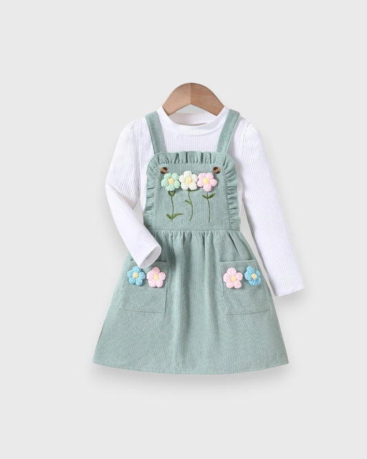 2Pc Girls 3D Floral Corduroy Dress w/ Shirt