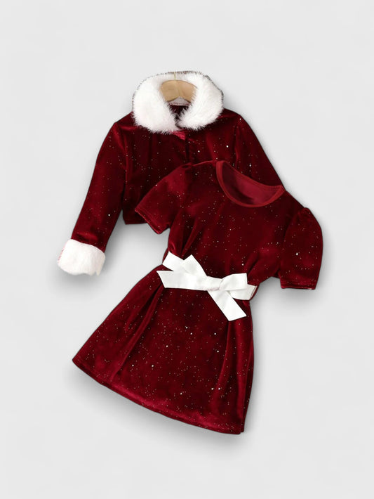 2 Pc Girls Sparkle Velvet Dress and Fuzzy Cuff Bolero