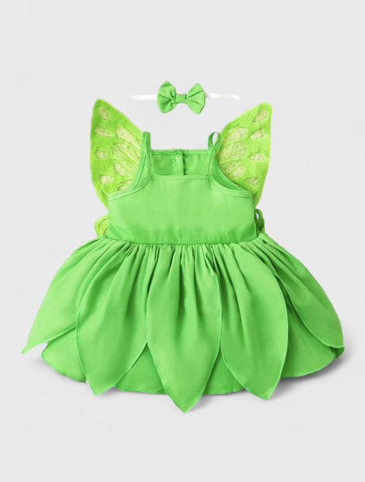 Infant baby Girl Green Fairy Princess Tinkerbell Dress with Bow Headband