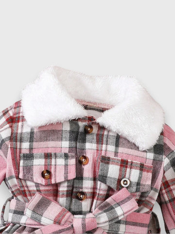 Baby Girl Plaid dress with Fuzzy Trim and Beret Hat