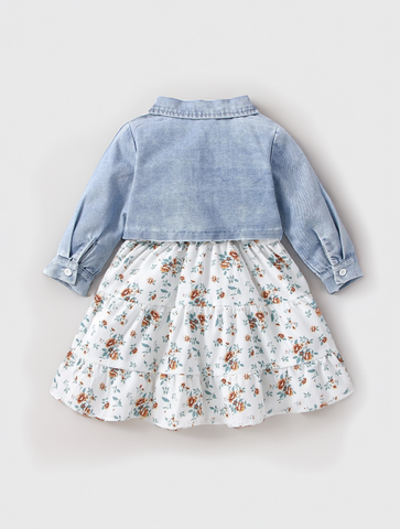 2 Pcs Toddler Baby Girl Ditsy Floral Layered Cami Dress with Blue Denim Crop Jacket