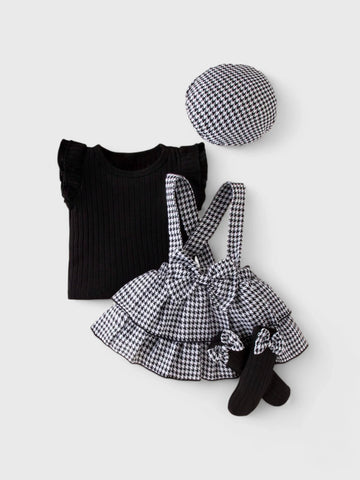 4 Pcs Baby Girl Houndstooth Ruffle Skirt Set