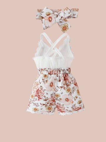 2 Pcs Baby Girl Floral Cross Cami Romper