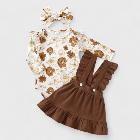 3 Pc Baby Girl Floral Bodysuit & Ruffle Skirt