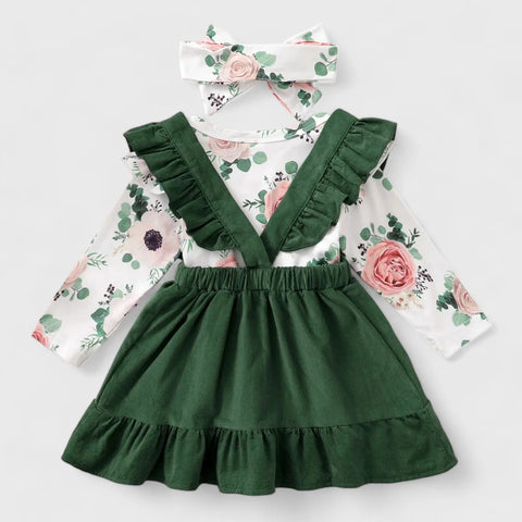 3 Pc Baby Girl Floral Bodysuit & Ruffle Skirt