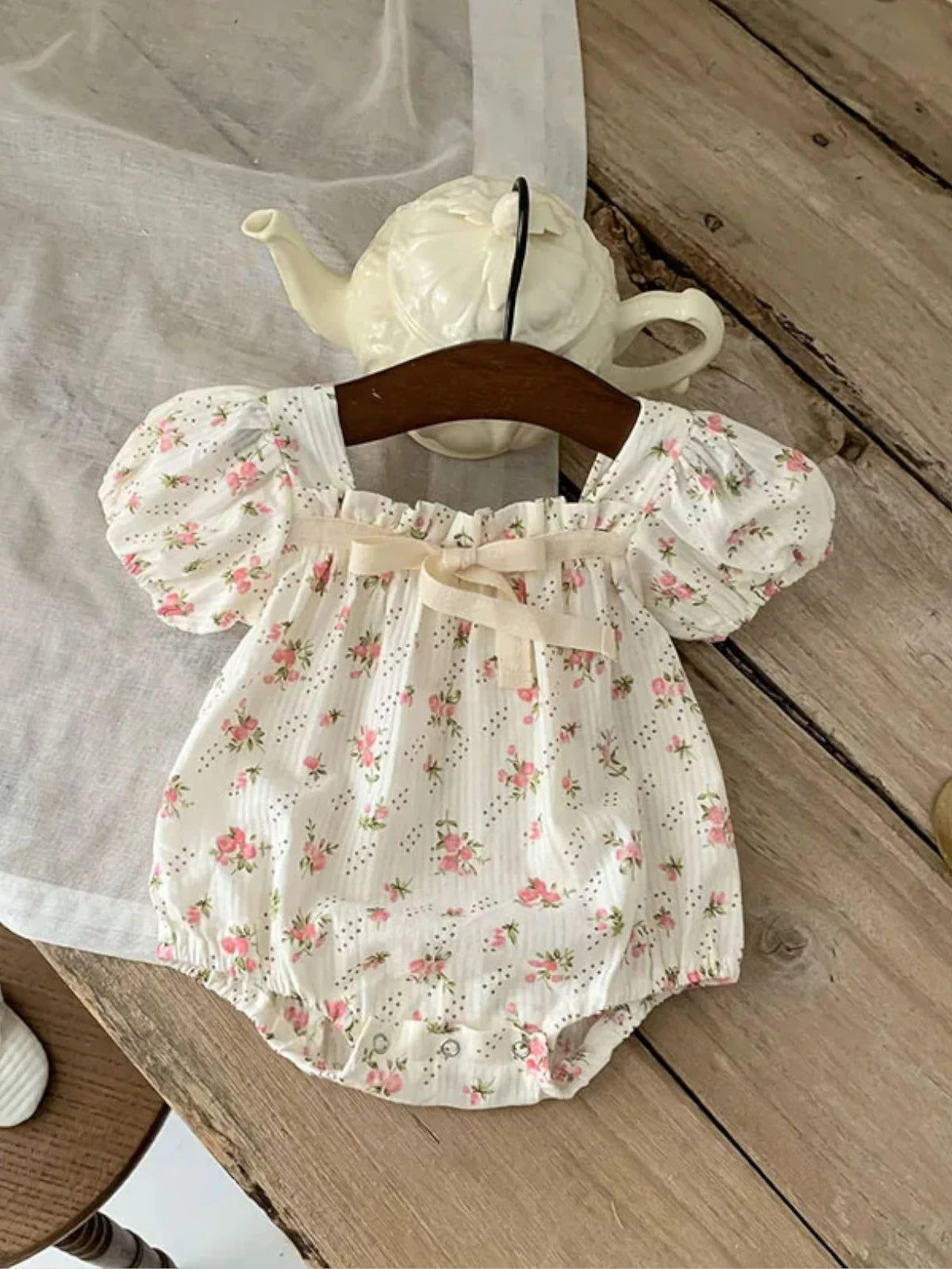 Baby Girl Vintage Puff Sleeve Tie Bodysuit