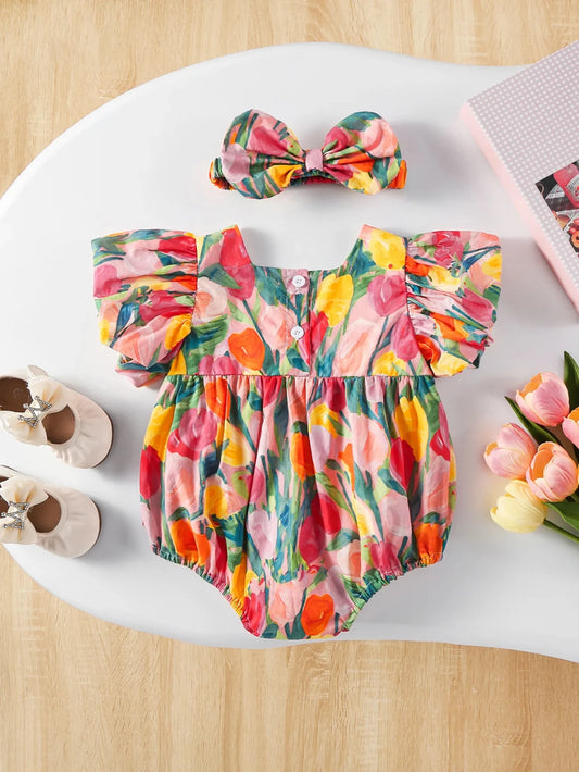 2 Pc Baby Girl Watercolor Bodysuit with Headband