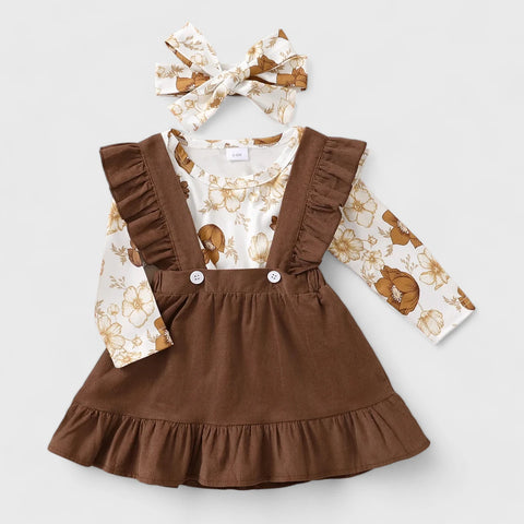 3 Pc Baby Girl Floral Bodysuit & Ruffle Skirt