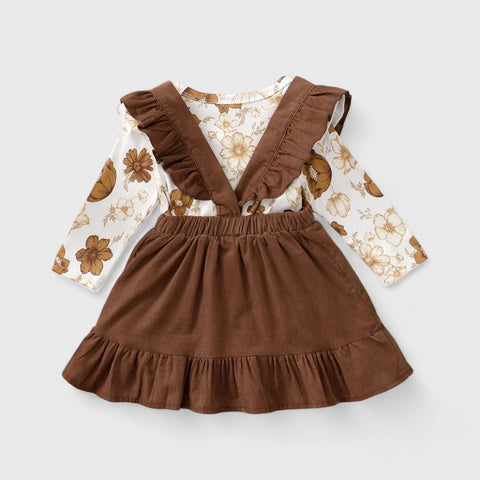 3 Pc Baby Girl Floral Bodysuit & Ruffle Skirt