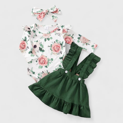 3 Pc Baby Girl Floral Bodysuit & Ruffle Skirt