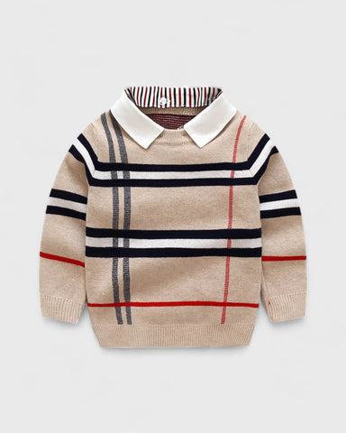 Toddler Boys Plaid Crew neck Knit Collared Sweater