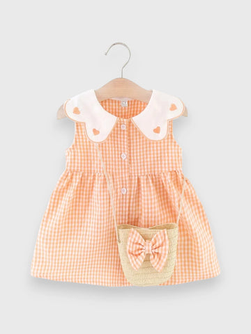 2 Pc Gingham Heart Collar Sun Dress with Bag