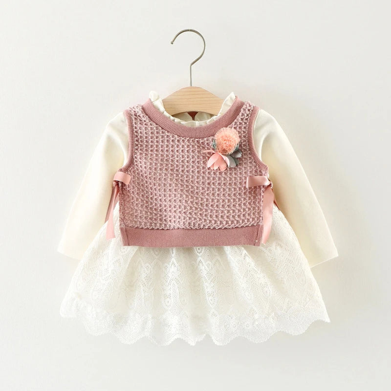 2 Pc Baby Girl Bow Vest & Lace Dress