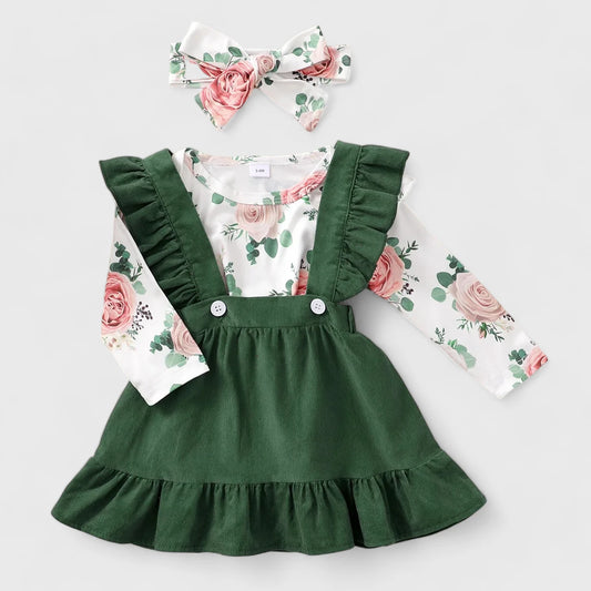 3 Pc Baby Girl Floral Bodysuit & Ruffle Skirt