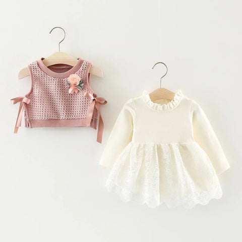 2 Pc Baby Girl Bow Vest & Lace Dress