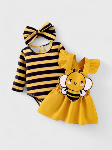 3 Pcs Baby Girl Bee Bodysuit and Overall Dress