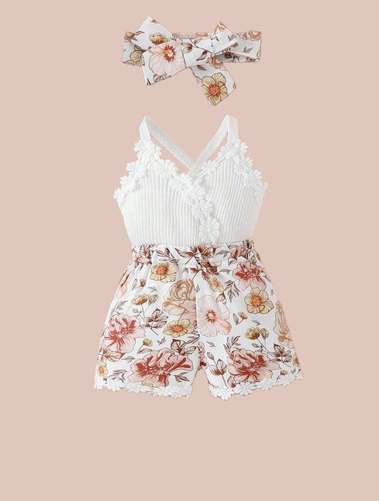 2 Pcs Baby Girl Floral Cross Cami Romper