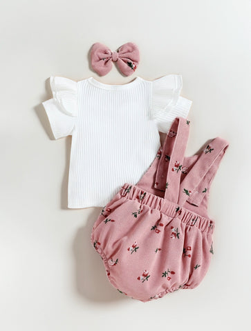 3 pc Baby Infant Ditsy Floral Corduroy Overall bodysuit with Tee