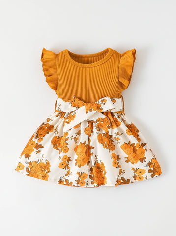 Baby Girl Ribbed Knit Floral Printed Dress