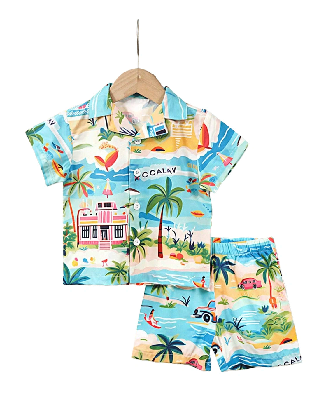 2 Piece Baby Boy Tropical Hawaiian Print button Shirt Shorts Set