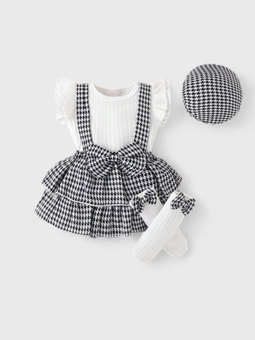 4 Pcs Baby Girl Houndstooth Ruffle Skirt Set