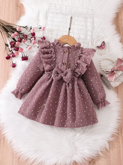 Baby Girl Long sleeve Dusty Pink Polka Dot Knit Dress