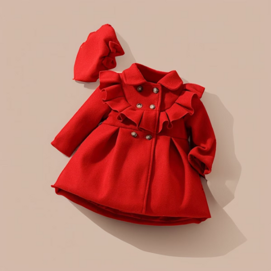 Toddler Baby Girl Double Breasted Pleat Detail Coat with Bow Beret Hat