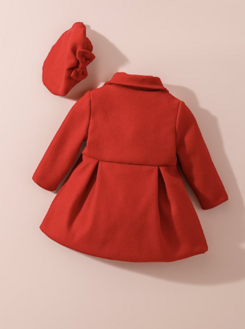 Toddler Baby Girl Double Breasted Pleat Detail Coat with Bow Beret Hat