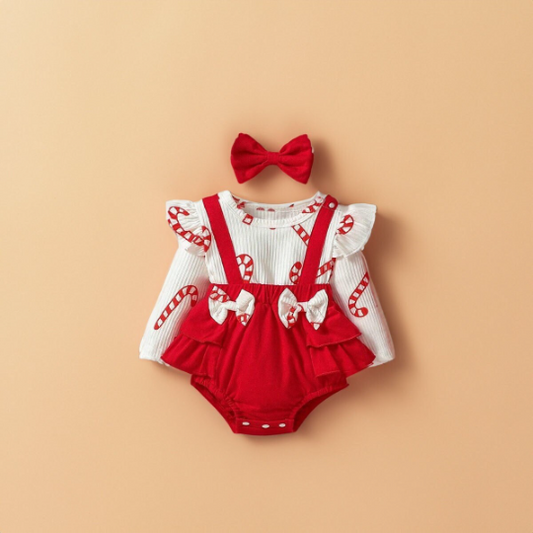 2 pc Baby Girl Red Candy Cane 2 in 1 faux Suspenders Bodysuit with Bow Headband