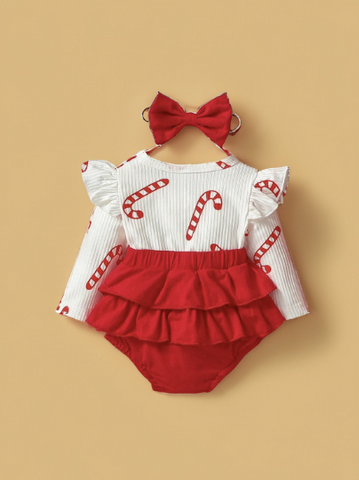 2 pc Baby Girl Red Candy Cane 2 in 1 faux Suspenders Bodysuit with Bow Headband