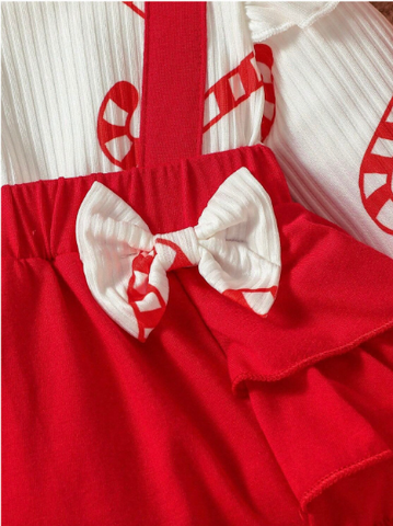 2 pc Baby Girl Red Candy Cane 2 in 1 faux Suspenders Bodysuit with Bow Headband