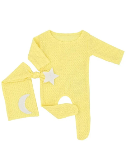 Unisex Newborn waffle knit Moon and Star Bedtime Onesie for baby Photography Props