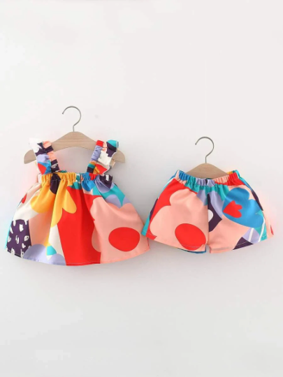 Baby Girl Colorful Big Abstract Flower Print Ruffle Top and Short Set