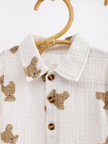 Baby Boy Girl Teddy Bear Cotton Button up Collar Shirt with Shorts