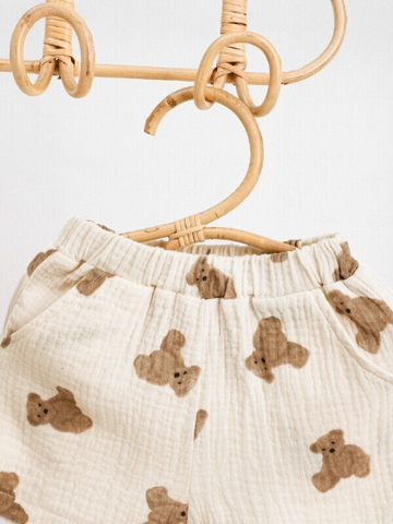 Baby Boy Girl Teddy Bear Cotton Button up Collar Shirt with Shorts