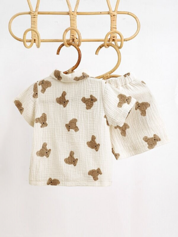 Baby Boy Girl Teddy Bear Cotton Button up Collar Shirt with Shorts