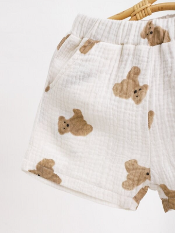 Baby Boy Girl Teddy Bear Cotton Button up Collar Shirt with Shorts