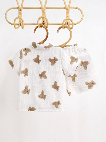 Baby Boy Girl Teddy Bear Cotton Button up Collar Shirt with Shorts