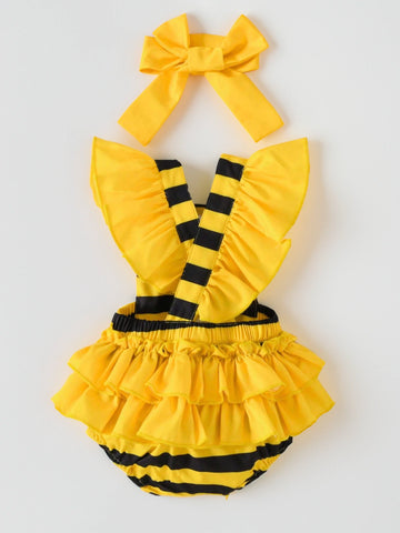 2 Pcs Baby Girl Bumble Bee Yellow Black Stripe bodysuit