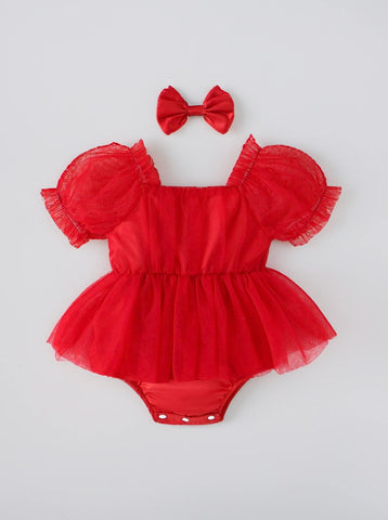 2 Pcs Baby Girl Square Neck Puff Sleeve Mesh Bodysuit