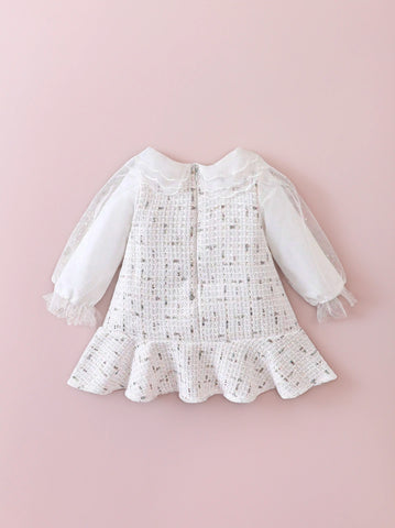 Baby Girl Sheer Collar and Sleeve Tweed Dress