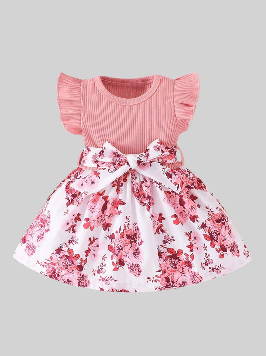 Baby Girl Ribbed Knit Floral Printed Dress