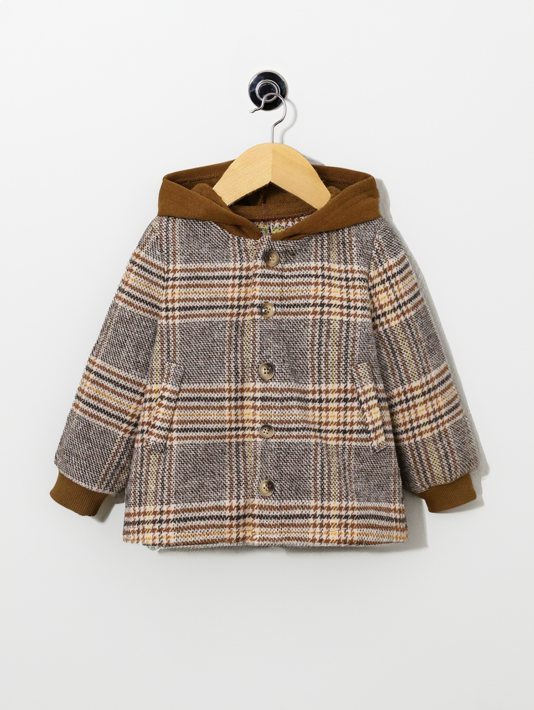 Baby Boy Brown Plaid Jacket with Contrasting Hoodie