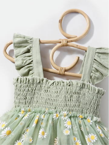 2 Pcs Baby Girl Sage Green Daisy sheer Mesh Skirt bodysuit Dress with Hat